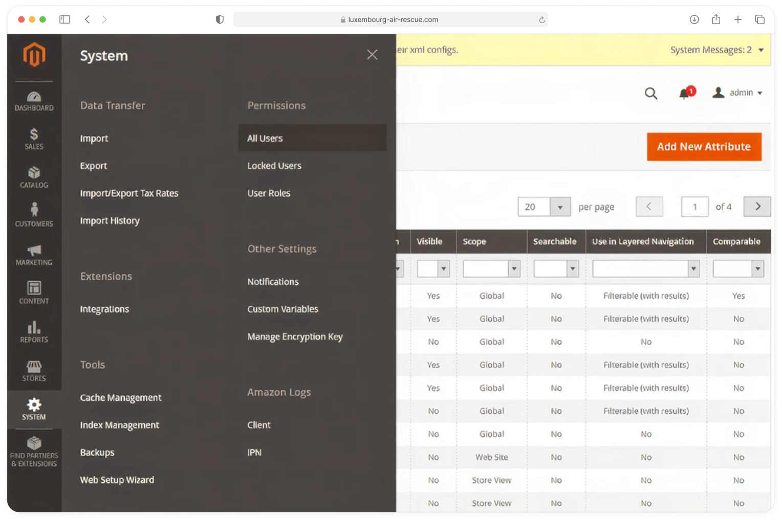 Back-office Magento ouvert sur la configuration système