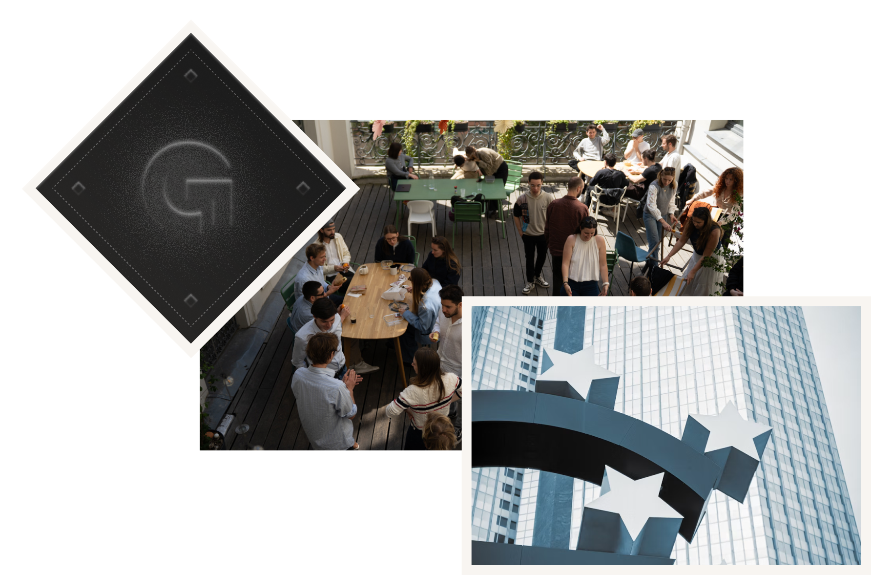 Collage: la G di Galadrim in un rombo, il team riunito sulla terrazza degli uffici e la scultura dell'euro a Francoforte