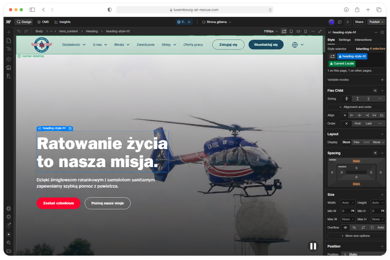 Edytor Webflow otwarty na stronie Luxembourg Air Rescue