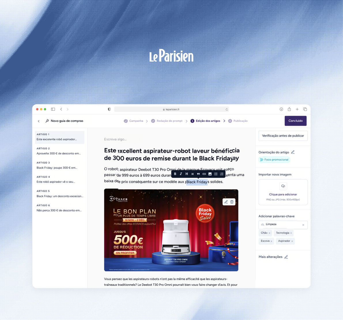 Guia de compras produzido automaticamente para o Le Parisien