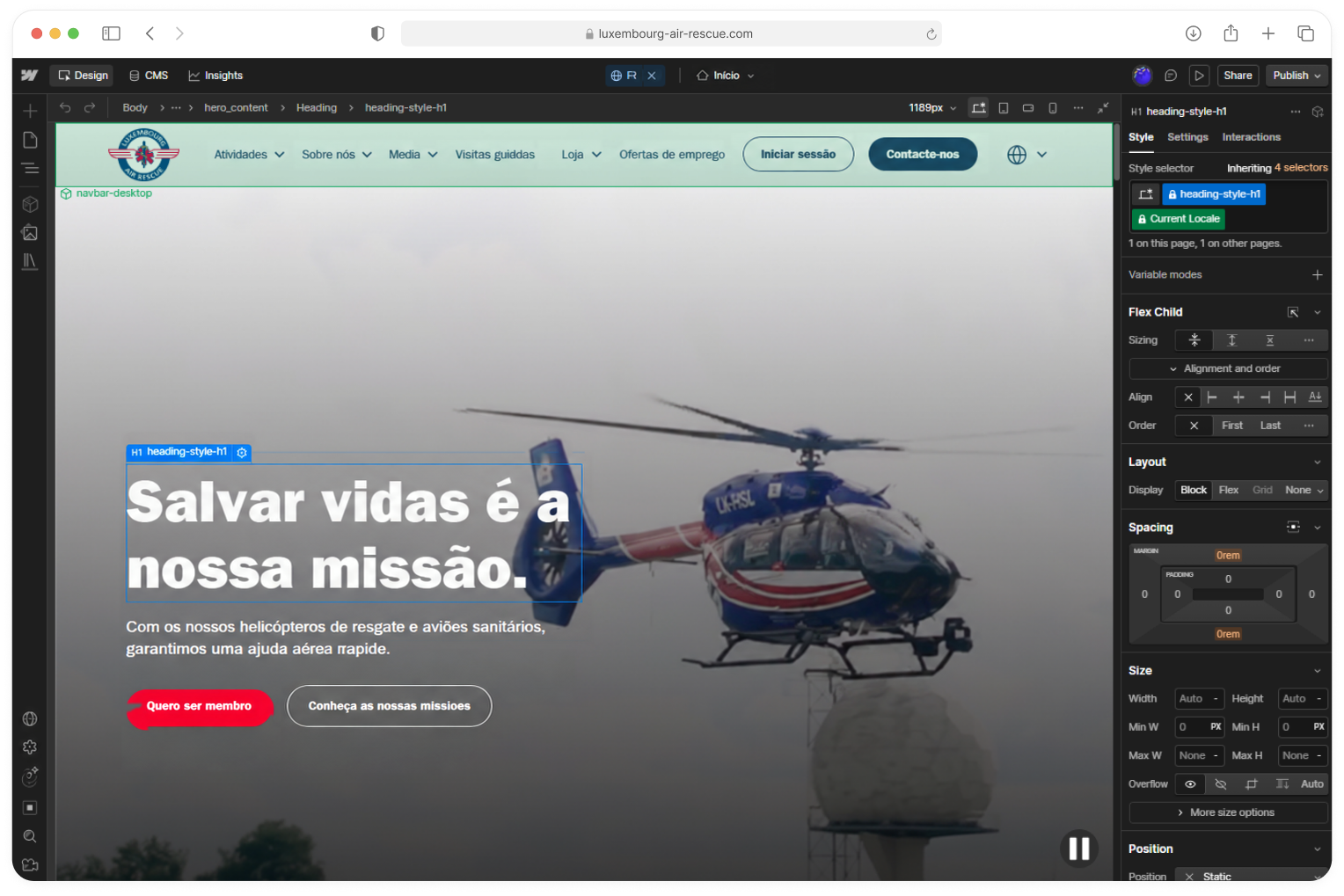 Editor do Webflow aberto no site da Luxembourg Air Rescue