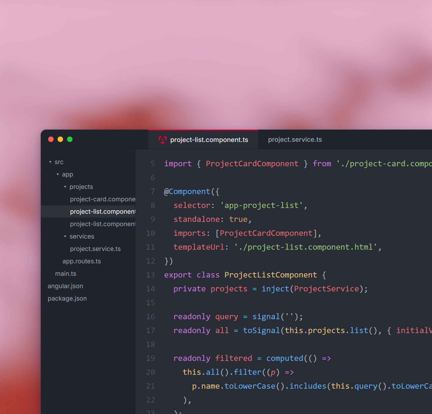 Componente Angular aberto em um editor de código