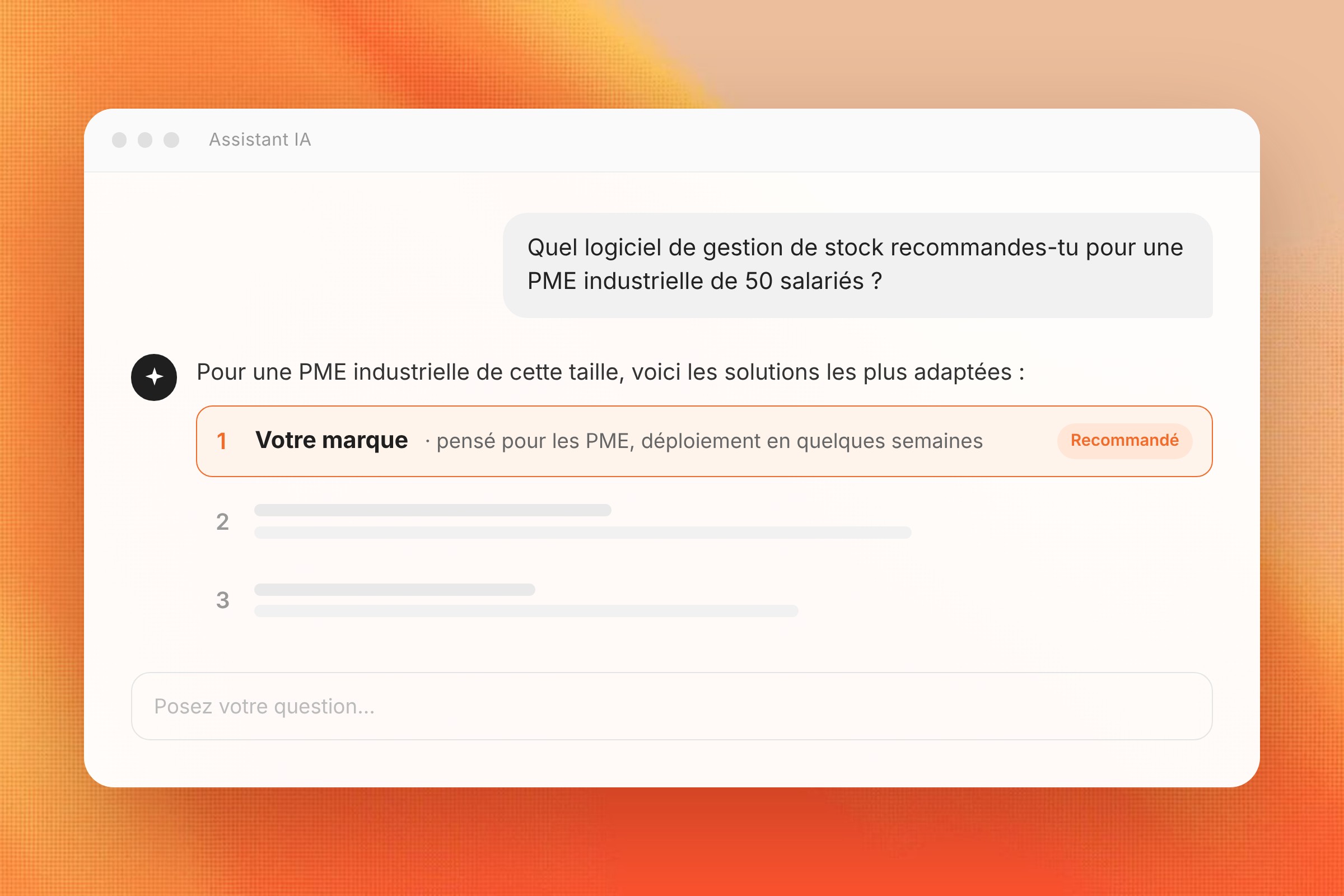 Illustration d'un assistant IA qui recommande votre marque en première position en réponse à la question d'un prospect