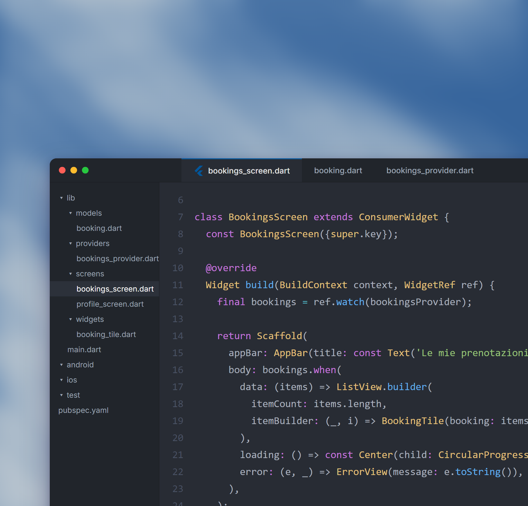 Schermata Flutter aperta in un editor di codice