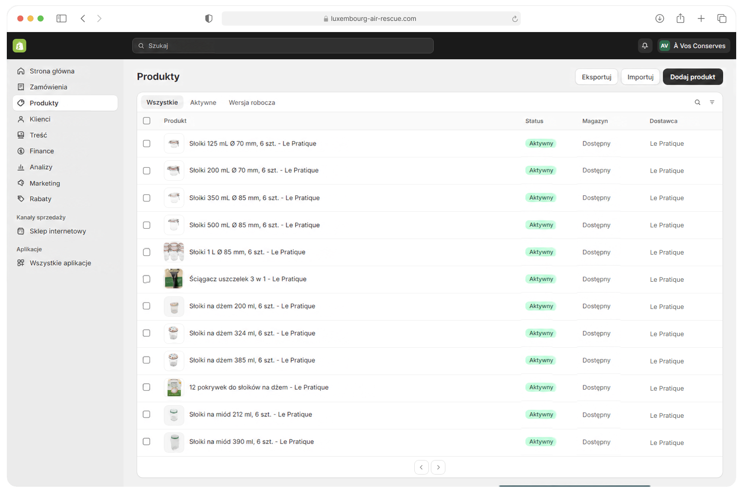 Katalog À Vos Conserves w widoku Produkty w panelu administracyjnym Shopify