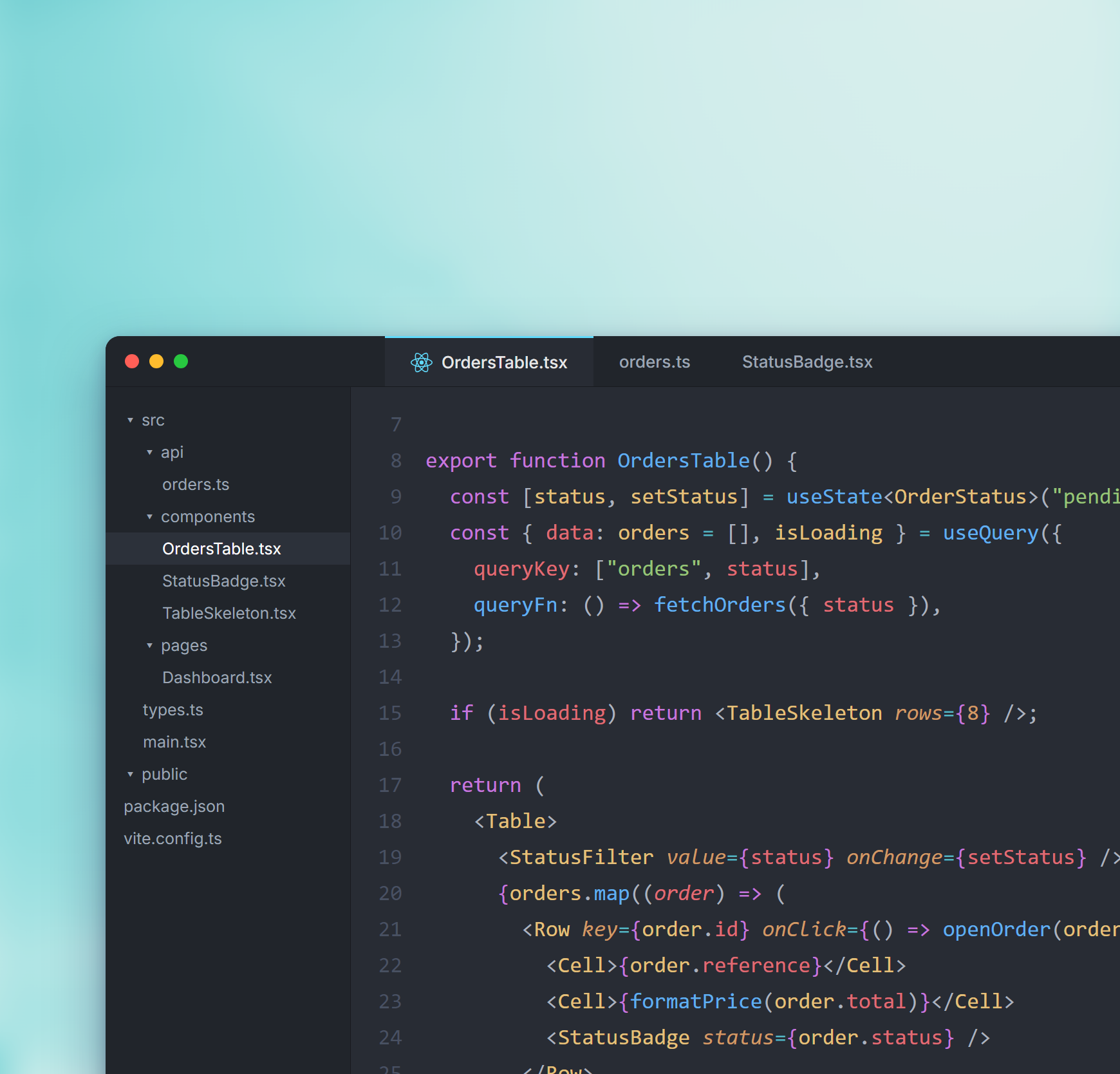 Componente React aberto em um editor de código