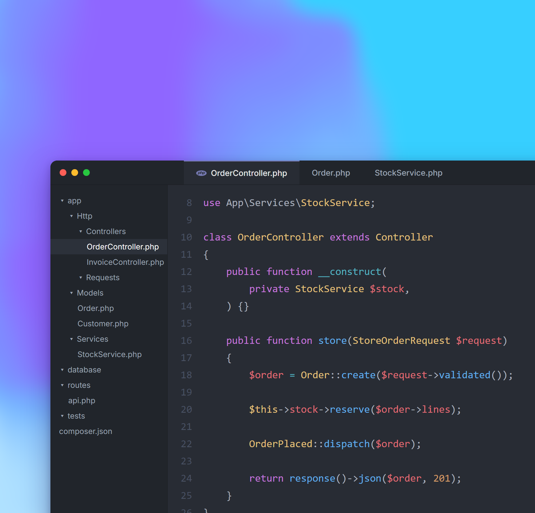 Controlador Laravel aberto em um editor de código