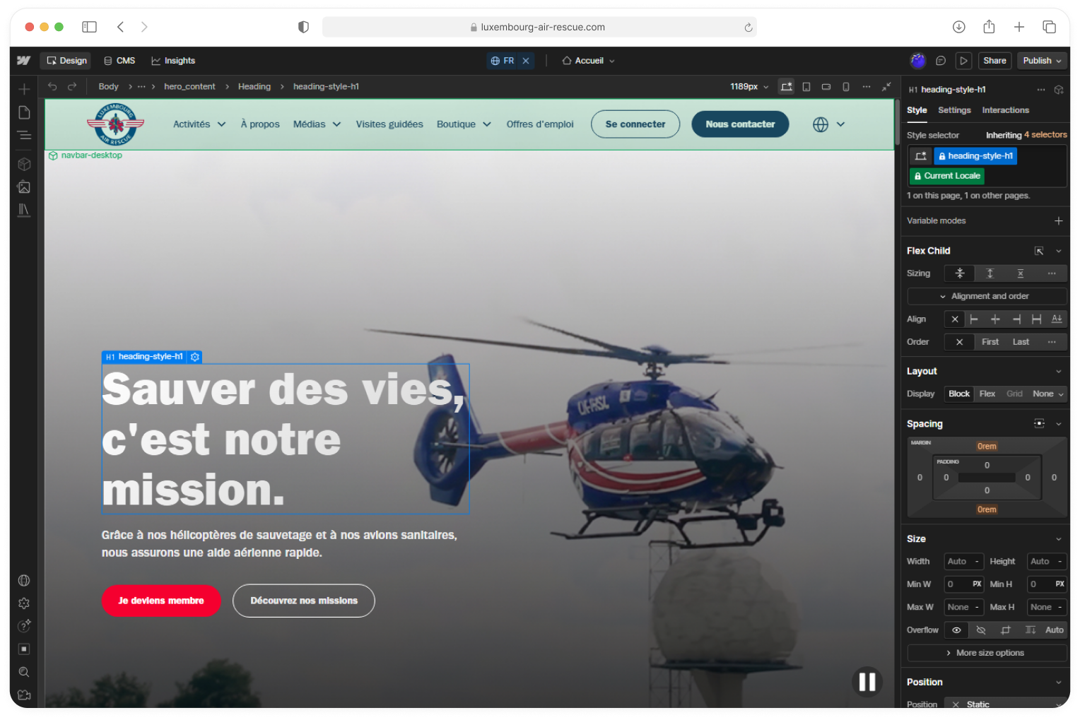 Editor di Webflow aperto sul sito di Luxembourg Air Rescue
