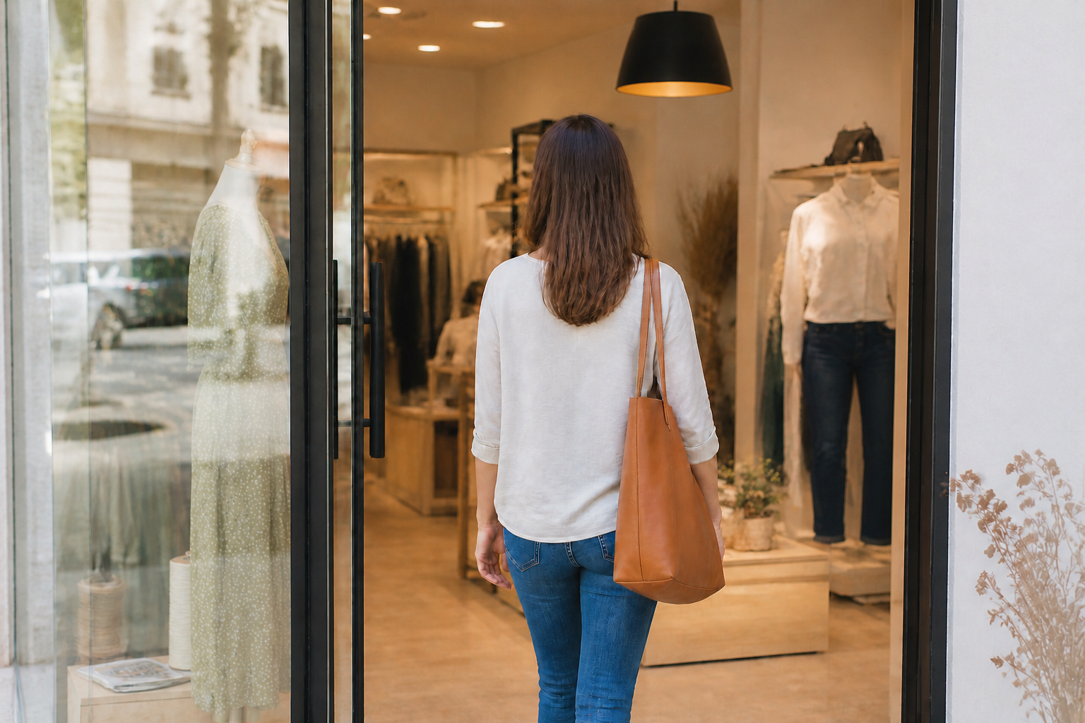 Una cliente attraversa un luminoso negozio di abbigliamento con le borse in mano