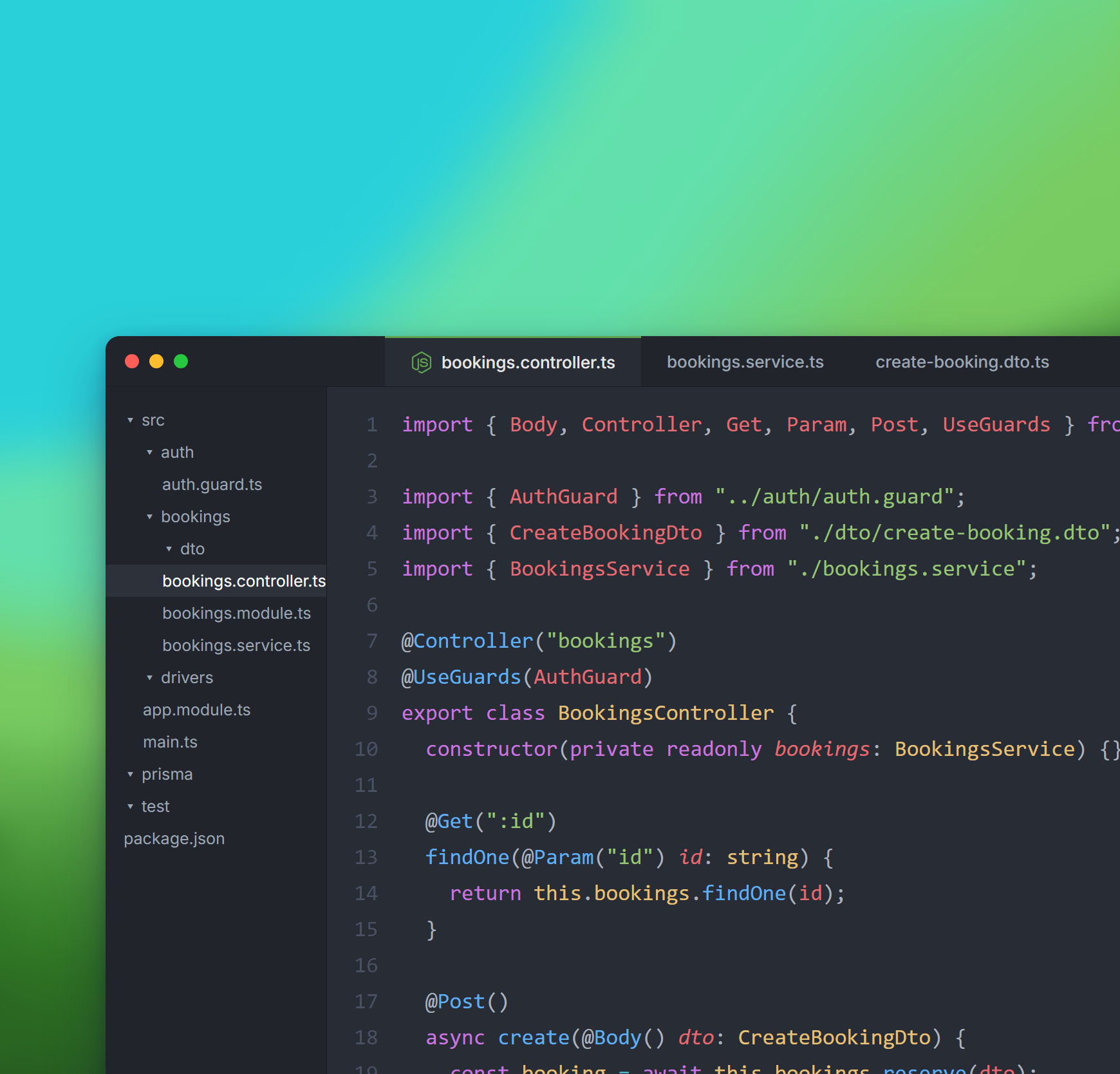 Contrôleur NestJS ouvert dans un éditeur de code